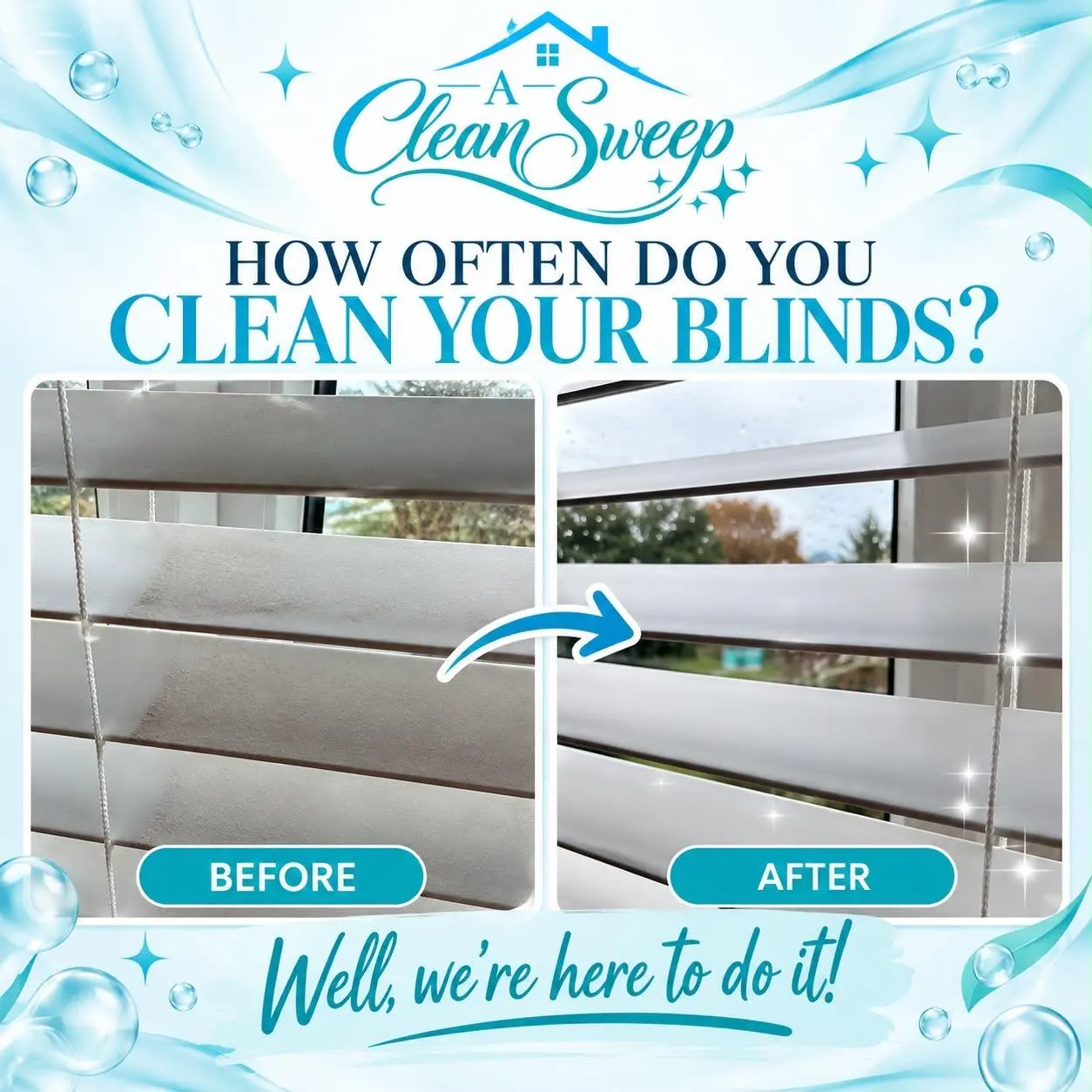 Before and after: dusty white window blinds, then the same blinds clean