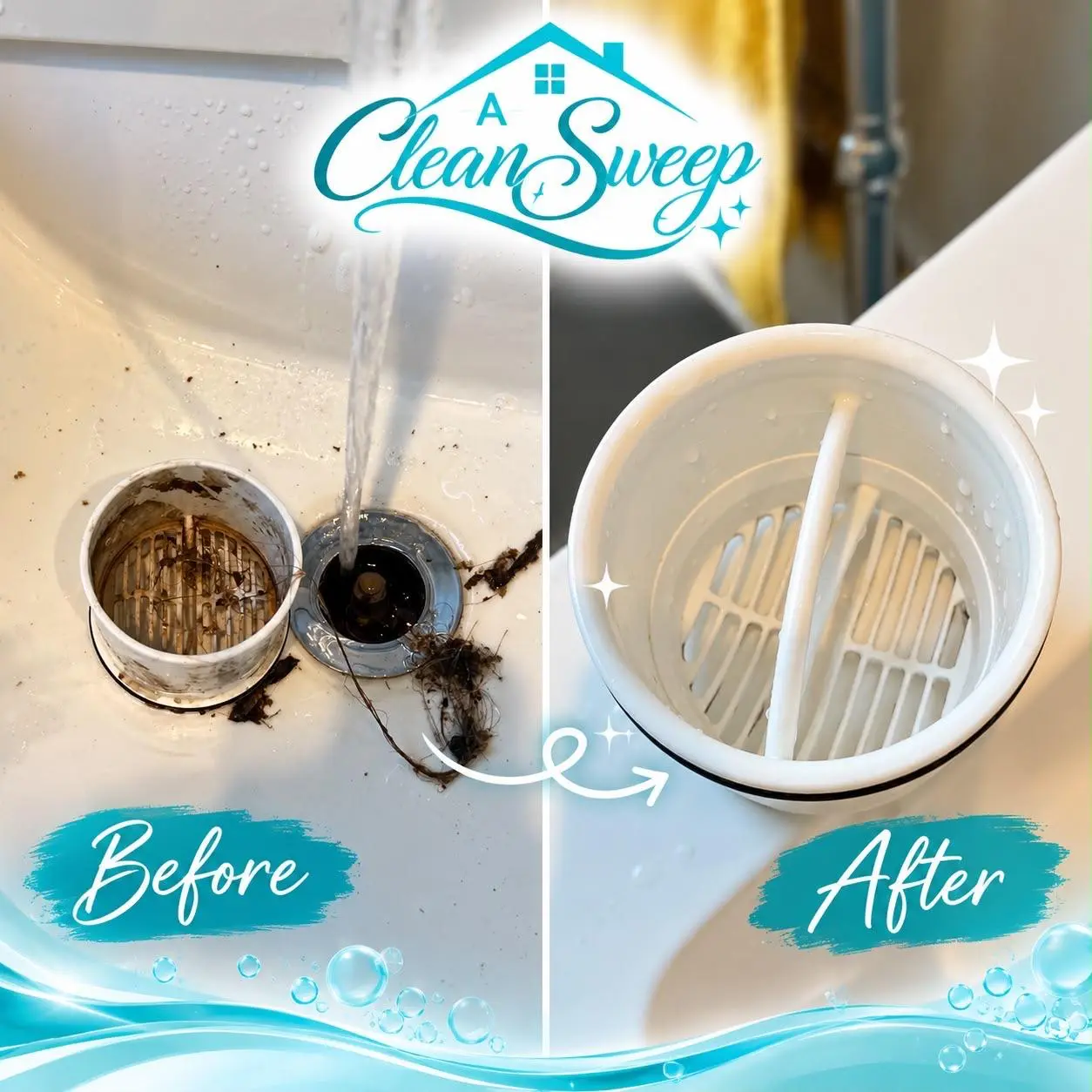 Before and after: a sink drain strainer full of debris, then the strainer clean